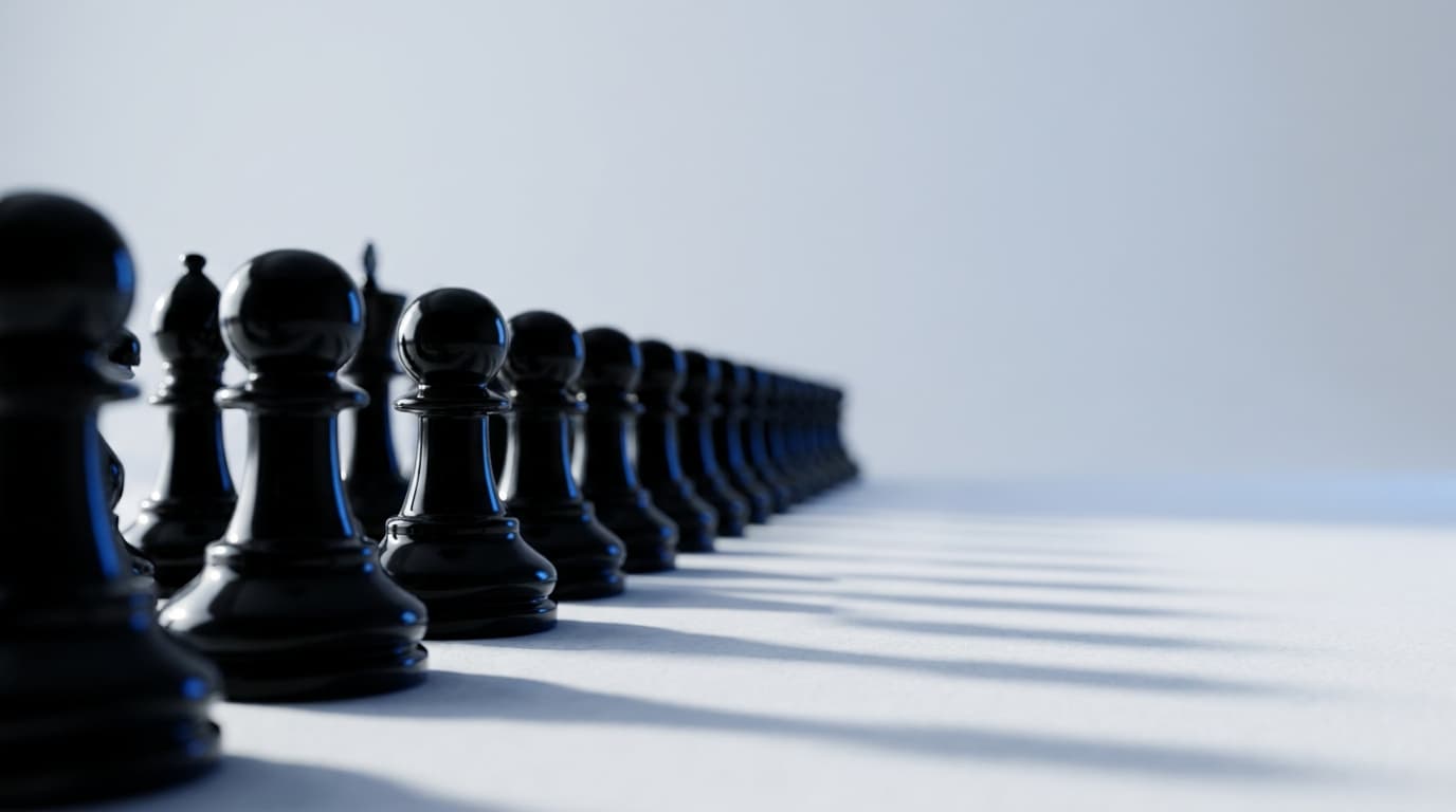 Rows of black pawns in low light with long shadows